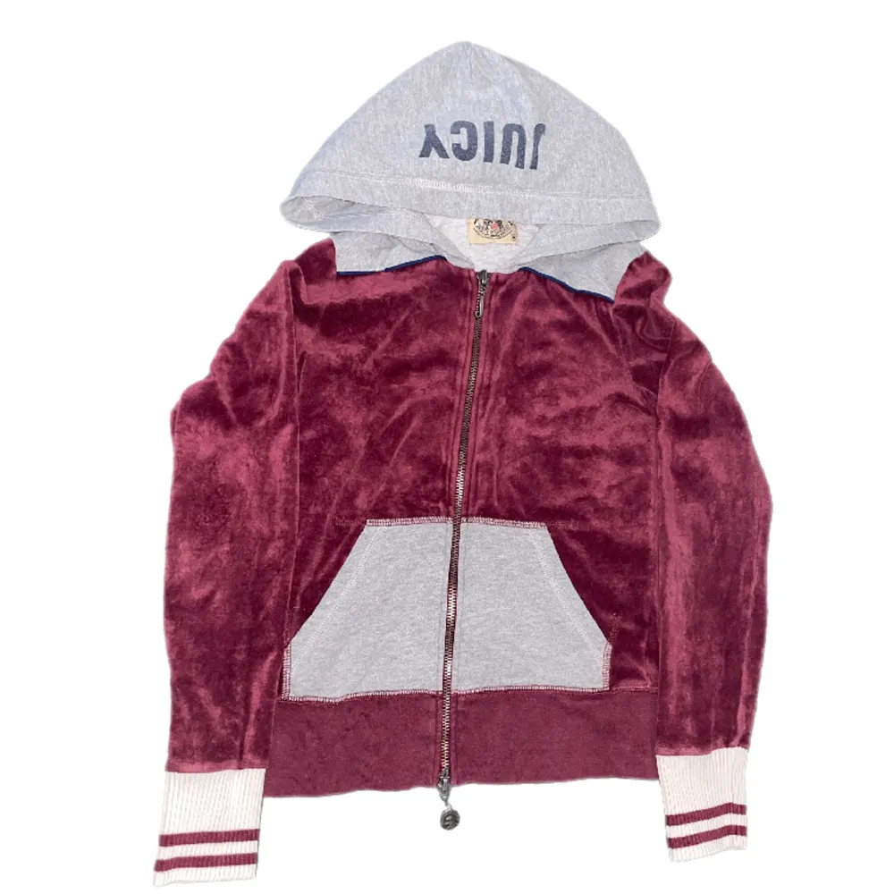 Gray and wine red Juicy hoodie with 'J' upper zip and puppy lower zip on the hood effortlessly combining style and playfulness. Hoodies.