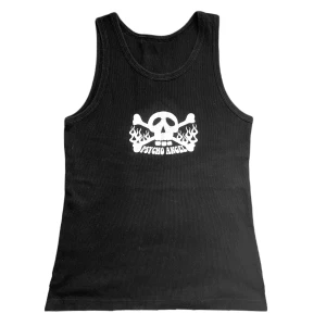 Svart linne med tryck - Svart linne med fräckt tryck som föreställer en dödskalle och texten "PSYCHO ANGEL". Bra skick, dock är trycket lite urtvättat.