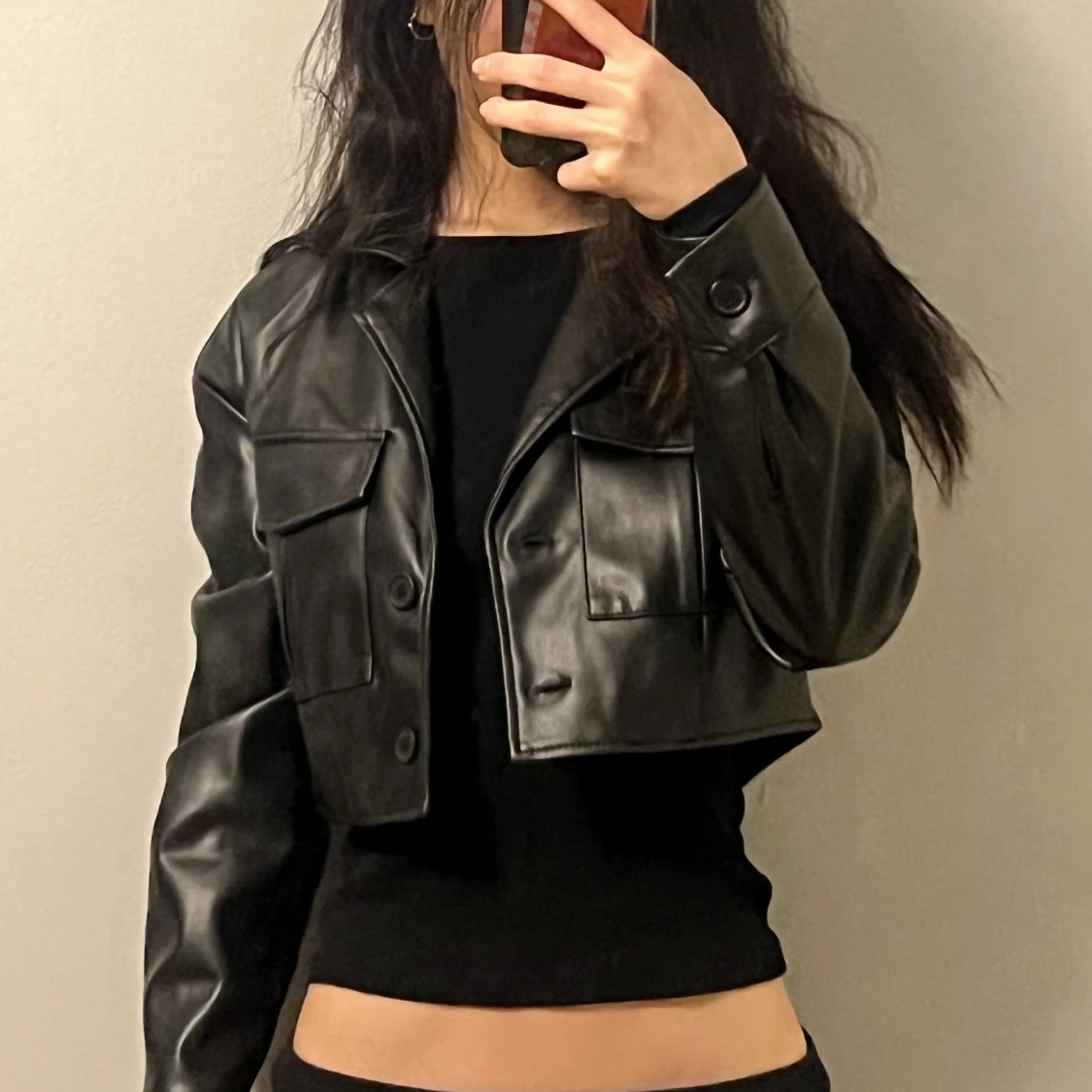 Black cropped leather jacket