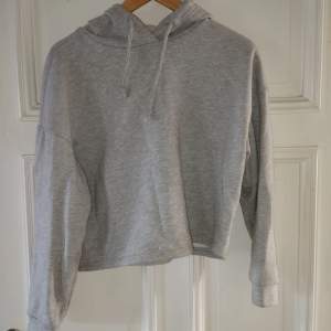 Snygg grå hoodie i kortare modell säljes! Sparsamt använd. Smutsig på bilden men tvättas självklart innan den skickas! 