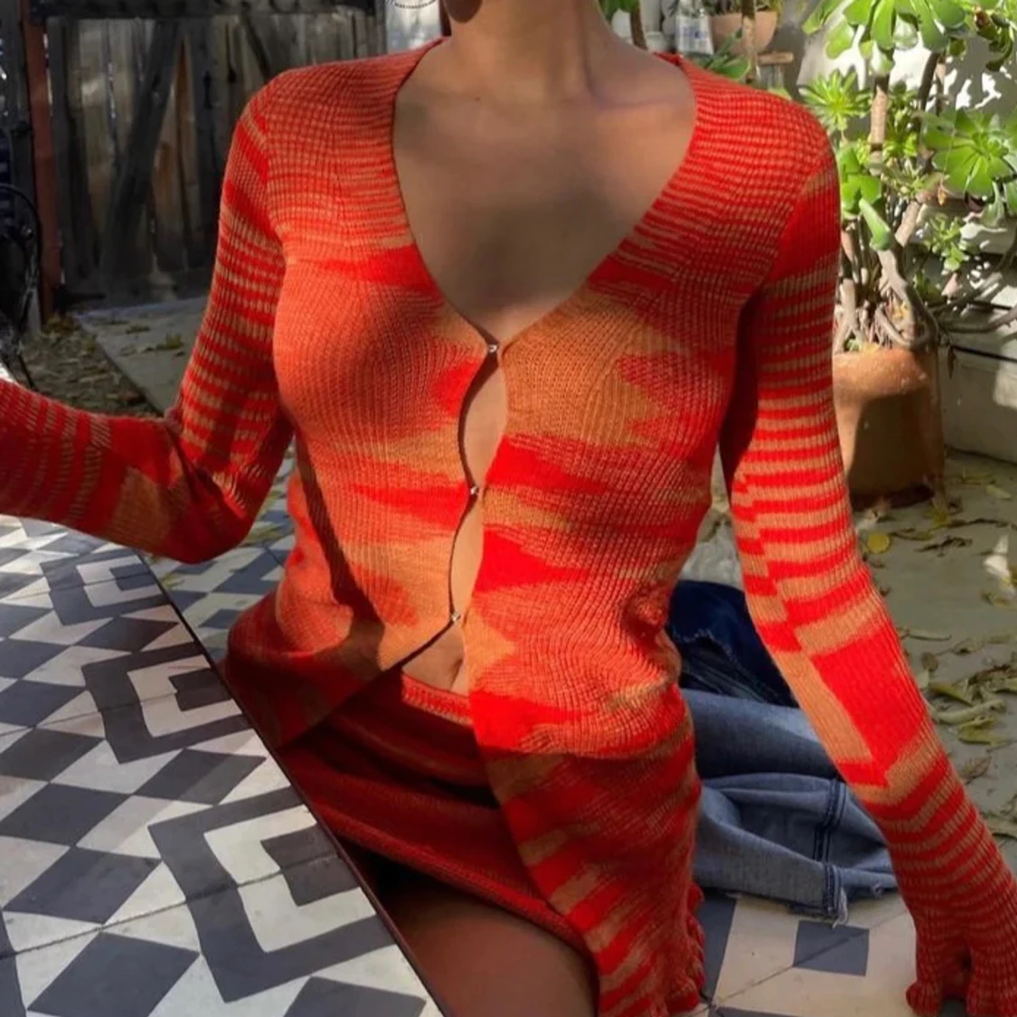 Röd stickad blus - 90