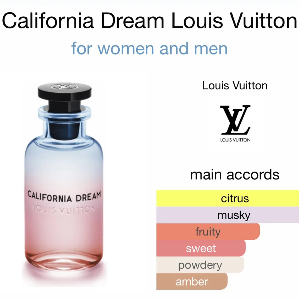 Säljer nu en LV parfym som jag delar ut från stora flaskan till en 10 ml flaska. Enkel att använda med sprejen och kan ta med under resan.   Nypris : 3450kr  California dream är en av de topplistan som doftar otrolig gott och passa perfekt till somma. Övrigt.