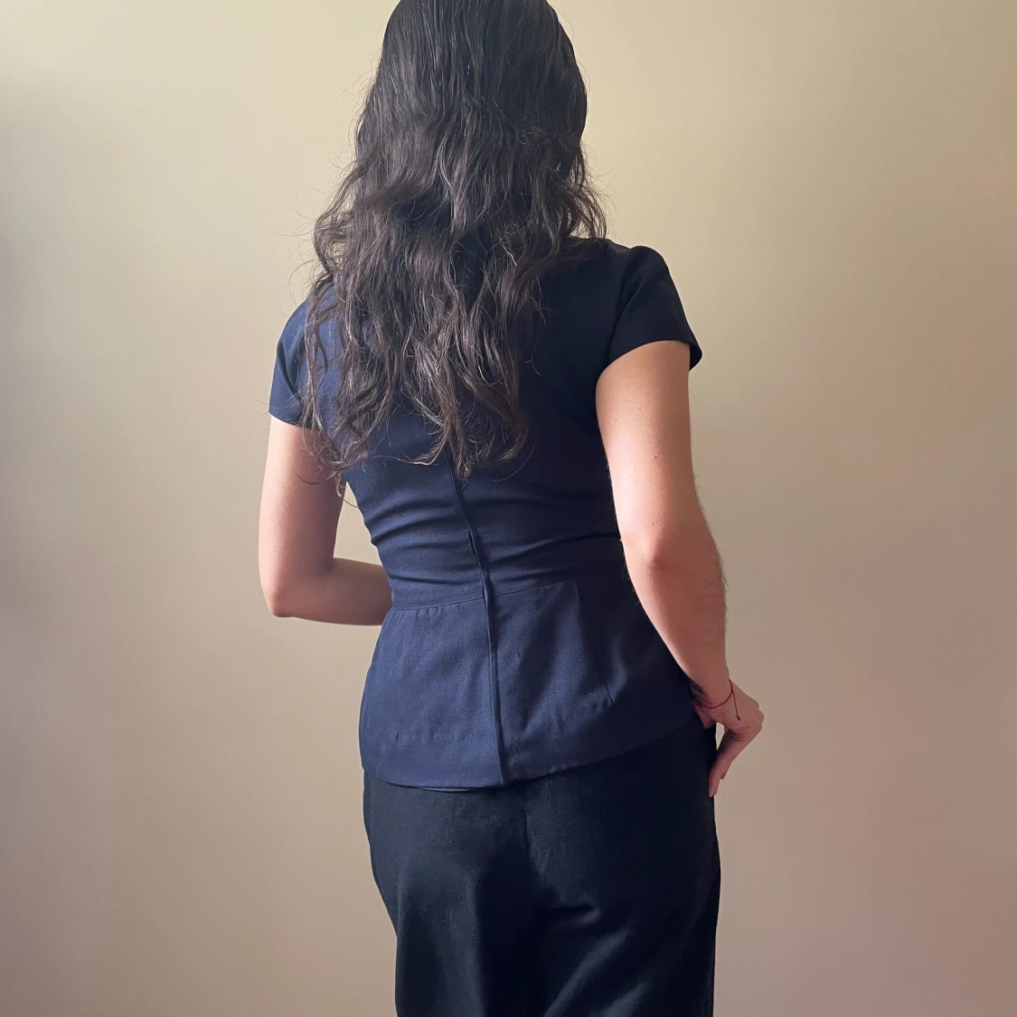 VINTAGE 90S VALENTINO NAVY WITH MESH PANEL PEPLUM TOP - 91