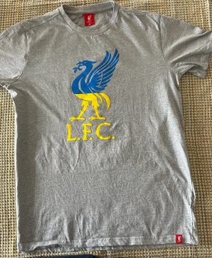Liverpool F. C. grå  T - shirt storlek: M  - Jag säljer min Liverpool T - shirt, som är en ära till Ukraina, med deras färger och Sverige. (Köpte i Liverpool butiken i Liverpool)  Ingen revor eller nånting. Kan skickas inrikes.