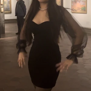 minidress - svarta klänningen med se genom ärmarna, lue ludd på baksidan därav priset