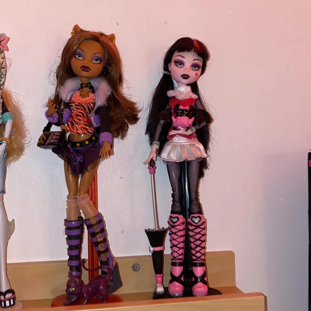 Draculaura är såld  Clawdeen har alla saker. Draculaura saknar örhängena och halsband. Säljer för 500kr styck. Båda är i fint skick.  Finns att hämta i hortlax men kan även skickas spårbart med postnord  tar bara swish . Övrigt.