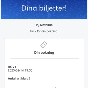 HOV1 BILJETTER  - Säljer hov1 biljetter till trädgården 14/9 kl 19:30!! 3 st pga kan inte gå, ord pris 400 st, säljer för 150 kr st, eller paket pris 400 för alla 3!  