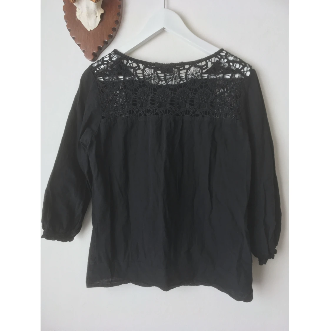 Blus, virkade detaljer, stl 40, bomull, svart, bohemisk, 3/4 ärm - 90