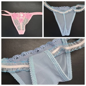 Blå och rosa stringtrosor  - Söta stringtrosor i stl S 🤍 Aldrig använda. 30kr om du köper båda tillsammans. Kan också köpas enskilt (15kr var, finns separat annons för båda)