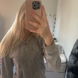 grå juicy couture tröja  - Grå juicy couture tröja i bra skick förutom att den saknar en metall grej på de ena snöret, säljer för använder inte den. Skriv för fler bilder eller frågor🩷