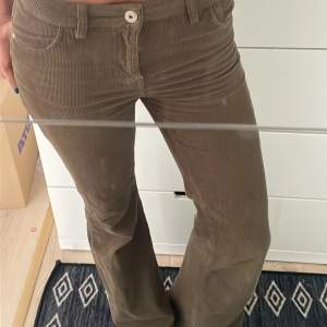 Mörkgrön/bruna Manchester jeans. Är ca 172cm och de går hela vägen ner på mig💚