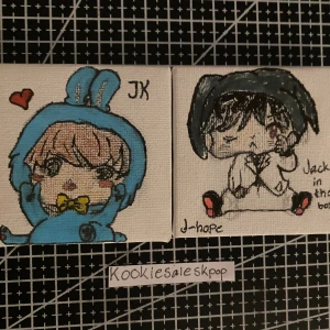 Två små Canvas tavlor med Jungkook och Jhope motiv  - (Gjorda/ritade av mig), dem är i fint skick, 50kr/st + frakt (Kontakta innan köp nu!)