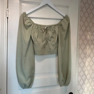 Topp - Långärmad festligare topp i en ljusgrön färg och rosett vid bysten. Storlek S, fint skick!