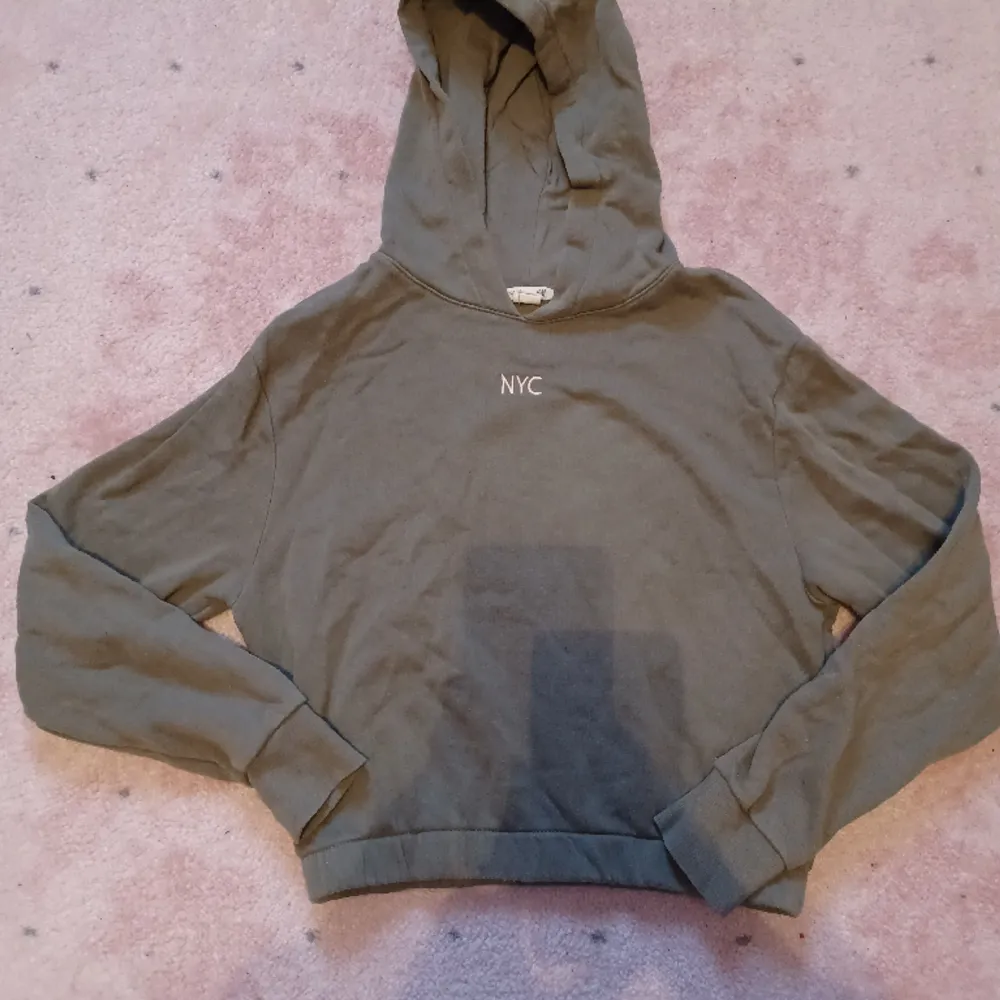 Säljer denna jättefina gröna hoodie då den inte kommer till användning längre, den är använd men i bra skick. Storlek 158-164 men passar mig som brukar ha xs eller s också.. Hoodies.