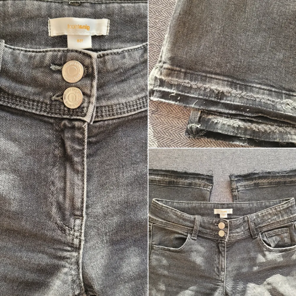 Bara använda 2 ggr, de är lite små. Lågmidjade bootcut modell flare pocket jeans från Gina. Har sprättat upp de nertill för att få de längre, nu är innerbenslängd ca 77-78 cm. Stl 158, som stl 32/34 eller XS. Slutsålda online. Supersnygga!. Jeans & Byxor.