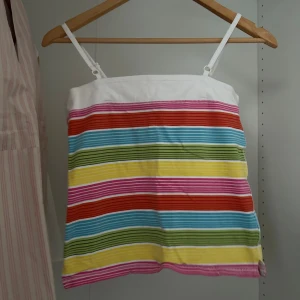 Randig linnetopp från H&M L.O.G.G. - Färgglad linnetopp med smala axelband från H&M L.O.G.G. Toppen har horisontella ränder i rosa, rött, blått, grönt, gult och vitt. Perfekt för varma dagar och enkel att matcha med jeans eller shorts.