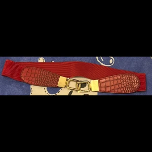 Rött bälte med krokopräglade detaljer - Snyggt rött bälte med elastiskt band och krokopräglade skinnliknande detaljer i ändarna. Spännet är i guld och har en unik, chunky design som verkligen sticker ut. Perfekt för att ge outfiten lite extra edge och färg. Bältet är cirka 65 cm långt. Den elastiska banden kan sträcka sig upp till cirka 80 cm.