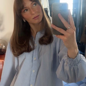 Blårandig skjorta med puffärm från Zara - Blårandig blus/skjorta från Zara med puffiga långärmar och smock vid axlar och ärmslut, samt knappar framtill. Använd fåtal gånger så är i gott skick. 