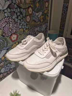 Goodin Comfort Sneakers, Vit/Silver, Storlek 39 - Säljer ett par vita sneakers från Goodin Comfort med perforerat skinn och detaljer i ljus mocka. Skorna har snörning, rund tå och platt sula. Snygga och stilrena med silverfärgad häl och textdetalj på sidan. Perfekta för dig som gillar cleana sneakers.