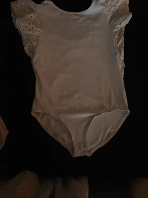 Vit body med spetsärmar från Zara - Säljer en vit body från Zara i storlek 152 med superfina spetsärmar som har broderade hålmönster. Modellen är ärmlös med rund hals och har en clean, enkel look. Perfekt för dig som gillar detaljer och vill ha något som sticker ut lite extra. Det är en svag fläck fram på tröjan som är lika stor som ett mynt
