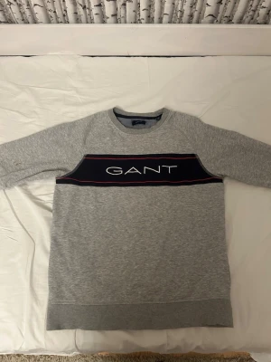 Grå sweatshirt från GANT med logga - Snygg grå sweatshirt från GANT med en bred mörkblå panel över bröstet och vit broderad logga. Röd linje som detalj på panelen. Tröjan har rund hals och långa ärmar, tillverkad i mjuk bomullsmix. Perfekt för chill och streetwear.