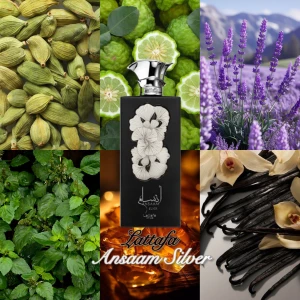 Lattafa Ansaam Silver EdP - Modern parfym med stilren design från Lattafa. Flaskan visar namnet Ansaam Silver. Ingredienser som syns: kardemumma, bergamott, lavendel, patchouli, vanilj och amber. Perfekt för dig som vill sticka ut med en unik doft. Volym och tillverkningsland framgår ej.