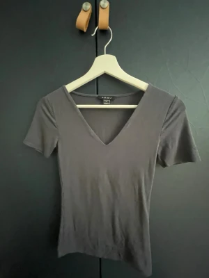 Mörkgrå v-ringad topp från AIMBU - En stilren mörkgrå topp med v-ringning och korta ärmar. Toppen har en slim passform och är tillverkad i mjukt bomullsmaterial, perfekt för en enkel och clean look. Köpt på new Yorker 