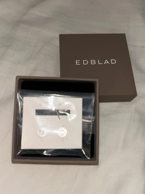 Silverfärgade örhängen från Edblad - Säljer ett par stilrena, runda örhängen från Edblad i silverfärg. Örhängena har gnistrande stenar som ger en lyxig känsla och kommer i originalask. De är aldrig använda.
