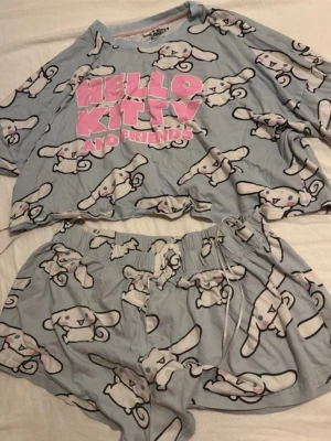 Hello Kitty pyjamas med Cinnamoroll - set - Söt pyjamas med kortärmad topp och shorts i ljusblått, dekorerad med Cinnamoroll-figurer och stor rosa text 'HELLO KITTY AND FRIENDS' på tröjan. Mjukt och bekvämt material, perfekt för mysiga kvällar. Elastisk midja på shortsen för extra komfort.