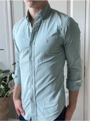 Ljusblå/ljusgrön skjorta från Polo Ralph Lauren - Säljer en ljusblå/ljusgrön skjorta från Polo Ralph Lauren i slim fit. Skjortan har klassisk button-down krage, långa ärmar och knappar framtill. Broderad logga på bröstet. Tillverkad i mjuk bomull, perfekt för en clean och stilren look.
