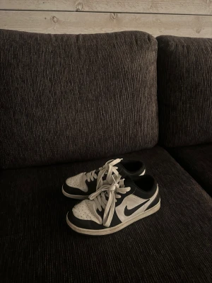Nike Dunk Low svart/vit sneakers - Säljer ett par Nike Dunk Low sneakers i svart och vitt. Använda, men funkar!! Köpt på marknad i Grekland, därav priset🙌🏽