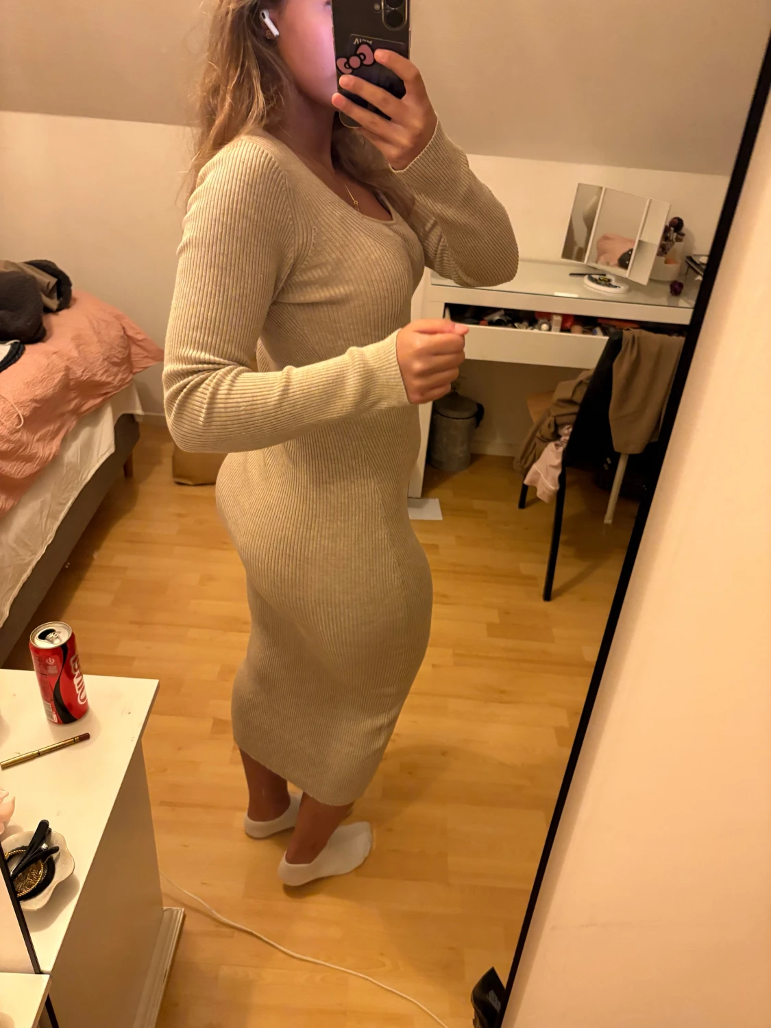 Beige ribbad långklänning - 2