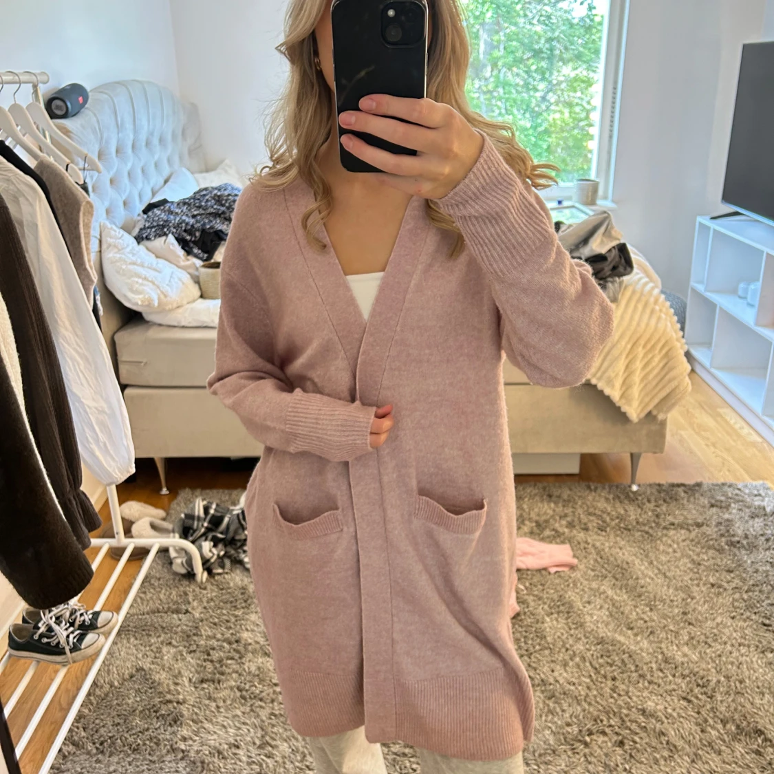 Ljusrosa lång kofta med fickor - 1