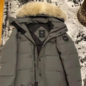 Canada Goose jacka - Säljer en grå dunjacka från Canada Goose med stor fluffig pälskrage på huvan. Jackan har svart patch på ärmen, dragkedja och knappar framtill samt quiltad design. Perfekt för kalla vinterdagar och riktigt snygg streetstil.