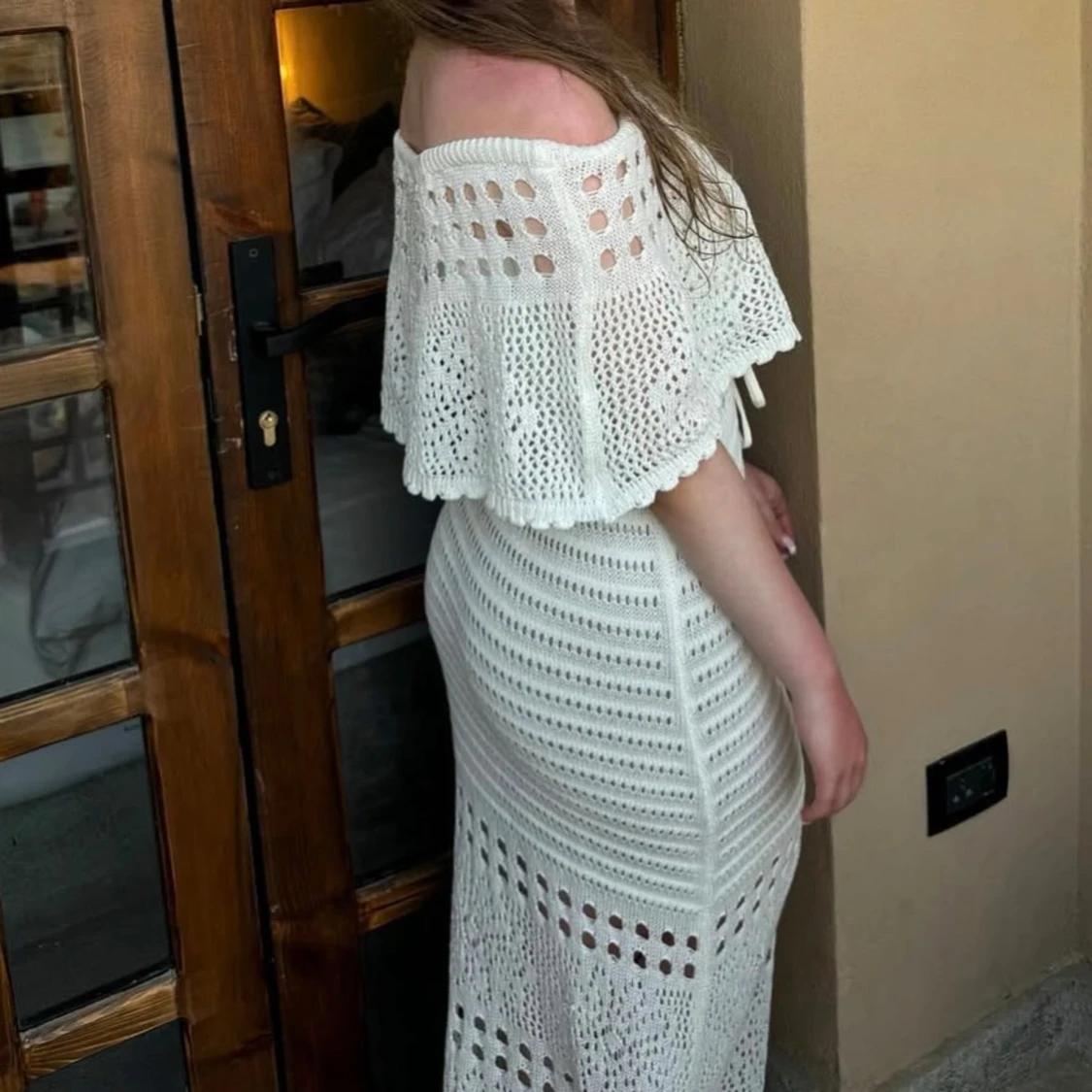 Vit virkad långklänning offshoulder Jeansindustry - 1