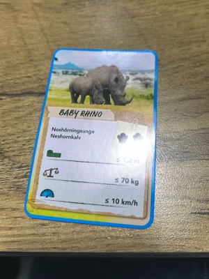 Noshörning kort - Bilden visar ett spelkort med en noshörningsunge och en vuxen noshörning, men ingen väst finns med på bilden.