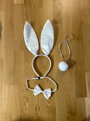 Vit kanindräkt med öron och rosett - Säljer en vit kanindräkt med stora kaninöron på diadem, en fluffig svans och en vit rosett med justerbart band. Perfekt för temafest eller maskerad! Materialet är syntet och satin, och allt är i en fräsch vit färg.