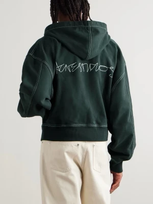 Acne Studios signature back embroidery hoodie - Acne Studios' hoodie is cut in a cropped shape with a little fullness through the chest and shoulders. It's cut from organic cotton-fleece and topstitched with contrasting threads, which match the embroidered signature on the back. Fits true to size. Take your normal size Designed for a relaxed fit Dropped shoulder seam Ribbed hem Mid-weight, non-stretchy fabric slightly stretchy fabric Model is shown wearing a M