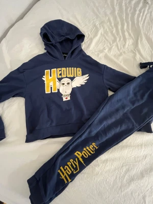 Harry Potter blå huvväst med Hedwig i storlek 146-152 - Mörkblå huvväst från Harry Potter med tryck av ugglan Hedwig och stor gul text. hoodien har huva och ribbade muddar. Perfekt för dig som älskar magi och vill ha en unik look. Pris kan diskuteras!🥰