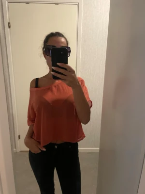  croppad transparent blus - Säljer en luftig och croppad blus i en snygg korall/orange/brun/terracotta nyans. Se bild för egen uppfattning: Toppen har en lös passform, korta ärmar och bred urringning som kan bäras offshoulder. Perfekt för varmare dagar och ger en avslappnad vibe.