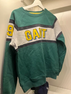 Grön sweatshirt från GANT med tryck - Snygg grön sweatshirt från GANT med breda vita och mörkgrå ränder över bröstet och ärmarna. Stor gul GANT-logga framtill och siffran 9 på ärmen. Rund hals och långa ärmar, tillverkad i mjuk bomull. Perfekt för dig som gillar sportig och retro stil.