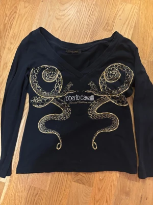 Speciell edition Roberto Cavalli topp - Unik svart topp från Roberto Cavalli Special Edition 2006 med guldiga ormmotiv och gnistrande stenar framtill. Djup v-ringning och lång ärm. Perfekt för dig som vill sticka ut med en exklusiv designerpiece.