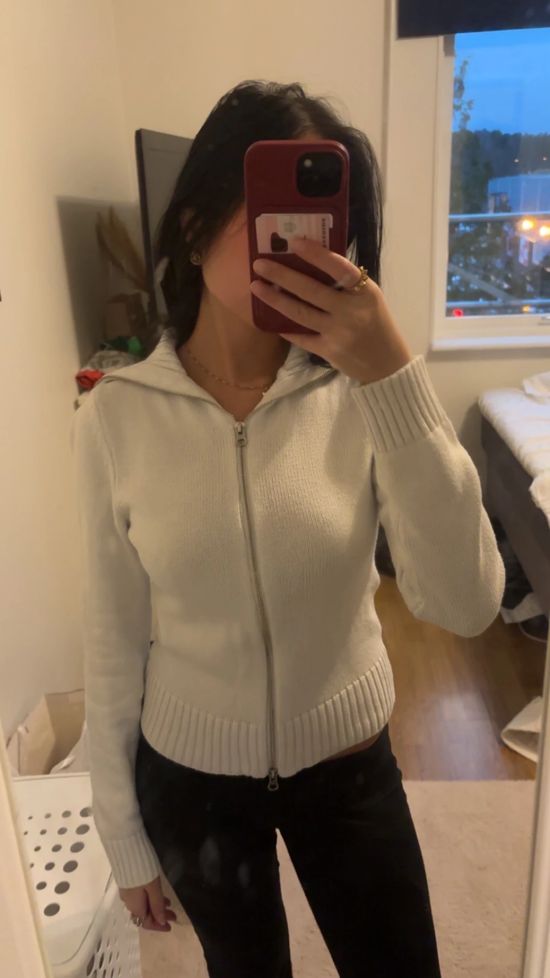 Vit stickad hoodie med dragkedja - 2