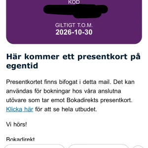 Presentkort BokaDirekt - Presentkort på BokaDirekt värde 2000 säljes för 1500