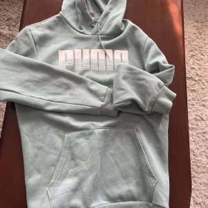 Ljusgrön hoodie från Puma - Snygg ljusgrön hoodie från Puma med stor vit logga framtill. Tröjan har huva med dragsko och en stor magficka. Perfekt för chill dagar eller när du vill ha en sportig look. Mjuk insida och ribbade muddar vid ärmslut och nederkant.