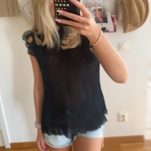 Svart plisserad blus med volanger från Zara - Knappen har gått sönder där bak men de är bara att sätta en säkerhetsnål 🧷(syns på bild 3) Säljer en svart blus från Zara med plisserat tyg och genomskinliga volangdetaljer vid axlar och hals. ☺️