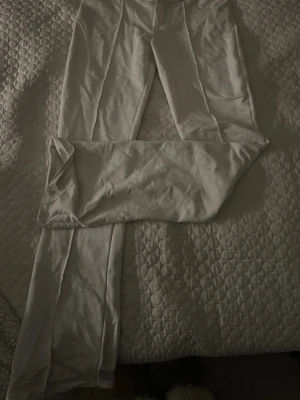 Vita kostymbyxor från Gina Tricot - Snygga vita kostymbyxor från Gina Tricot i storlek 34. Byxorna har raka ben, hög midja och stängs med knapp och dragkedja. Perfekta för en clean och stilren look. Materialet känns mjukt och har en lätt glansig finish. En knap saknas, men lätt att sy fast! Funkar perfekt på nån som är 168 eller kortare💞Andvänt cirka 2 gånger!