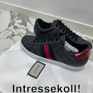 Intressekoll! - OBS, läs noga! Vet inte om jag säljer dessa skor, har redan fått bud på 2900kr men med rätt bud så kan jag möjligtvis ändra på mig.                            Beskrivning: Snygga Gucci sneakers i mörkgrått med monogrammönster, klassiska röd-blå ränder på sidan och metallicröd samt metallicblå häl. Skorna har svart snörning, rund tå och vit platt sula med unikt mönster undertill. Materialet är skinn och synte