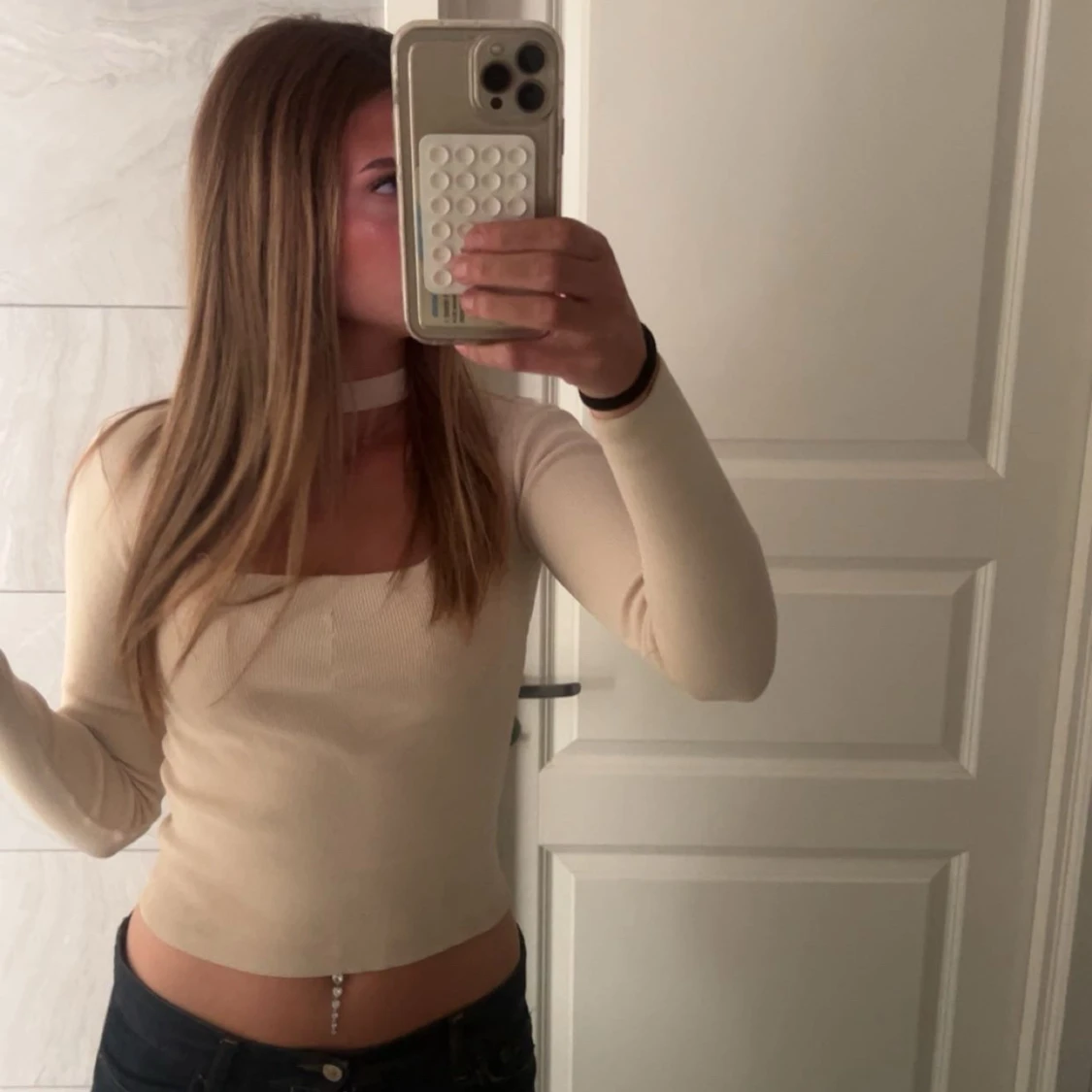 Beige ribbad långärmad topp - 1