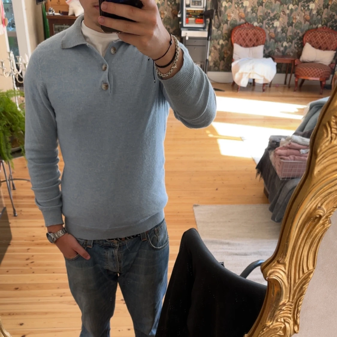 Ljusblå stickad kofta av kashmir från Davida  - 3